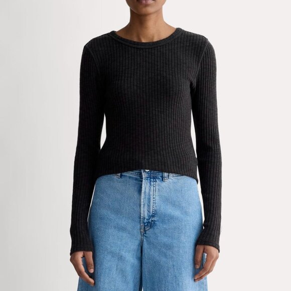 Everlane Rib-Knit Crew Top XS Black Slim Fit Organic Cotton - Picture 1 of 8